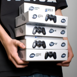 description: an anonymous image showcasing a person holding a ps5 controller and a stack of ps3 game cases.