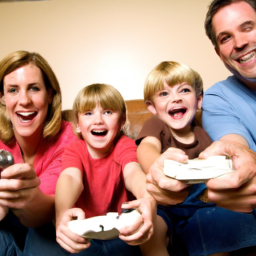 description: a photo of a family gathered around a television, smiling and holding wii remotes, playing a game together.