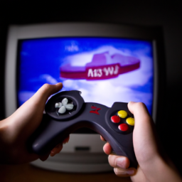 description: an image showing a person holding a nintendo 64 controller, with a television screen displaying gameplay from a nintendo 64 game.