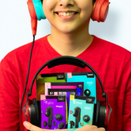 description: an image showing a person holding a nintendo switch console with a variety of colorful game cartridges placed next to it. the person is wearing headphones and has a smile on their face, indicating enjoyment and excitement while gaming.
