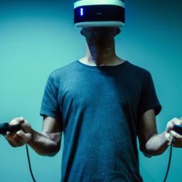 description: an anonymous image showcasing a player wearing a virtual reality headset and holding two motion controllers, fully immersed in a virtual world.