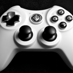A black and white image of an Xbox 360 controller in the center of the image with two large buttons on either side.