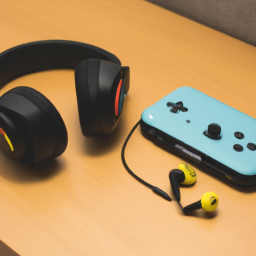 description: a photo of a nintendo switch lite on a table with a game case and a pair of headphones next to it.