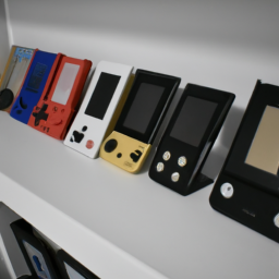description: an image showing a collection of nintendo game and watch devices neatly displayed on a shelf. the devices vary in color and design, representing different generations of handheld gaming.