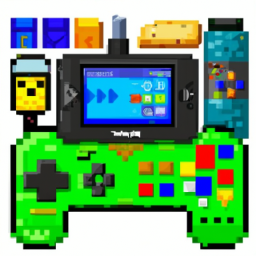description: an anonymous image featuring a handheld console with a vibrant screen displaying pixelated blocks and characters from the popular game minecraft. the console is surrounded by various accessories, including a controller and game cartridges.