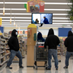description: a security camera captures a group of people breaking into a walmart store and stealing items from the shelves. the faces of the individuals are obscured, but they are wearing masks and hoodies to conceal their identities.