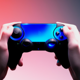 description: an anonymous image shows a sleek handheld device with a vibrant display screen and familiar playstation buttons. the device is held by an individual's hands, showcasing its ergonomic design and comfortable grip. the background features a dynamic gaming scene with visuals from popular ps5 games.