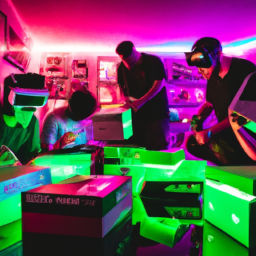 description: an anonymous image of gamers excitedly unboxing their new xbox series x consoles, surrounded by a collection of popular game titles. the room is dimly lit, with colorful led lights adding a vibrant ambiance. the gamers are wearing headsets, fully immersed in their gaming experience.