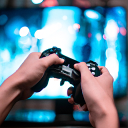description: an image depicting a person holding a gaming controller, with a blurred background showing a television screen displaying gameplay.