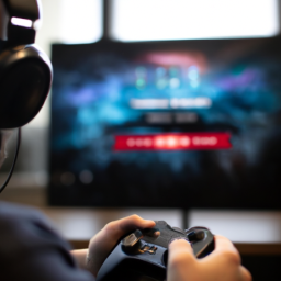 description: an anonymous gamer sitting in front of a screen displaying madden nfl 24 on the steam deck. the gamer is wearing gaming headphones and holding a controller, fully immersed in the gameplay experience.