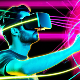 description: an image showing a person wearing a vr headset and immersed in a virtual reality game, with colorful graphics and futuristic surroundings.
