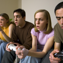 a group of friends sitting on a couch playing super smash bros. on the nintendo 64, with controllers in hand and intense expressions on their faces.
