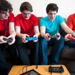 description: an image featuring a group of gamers playing nintendo switch consoles with their pro controllers. they are fully immersed in the gaming experience, showcasing the joy and excitement that the nintendo switch pro controller brings. the image captures the essence of multiplayer gaming, with friends gathered around, enjoying the console's versatility. (category: nintendo)