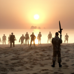 description: an image of a survivor wielding a shotgun, standing in front of a group of zombies on a beach. the sun is setting in the background, casting a warm glow over the scene.