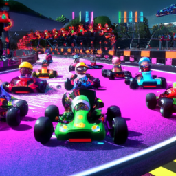 description: an action-packed screenshot from mario kart 8 deluxe showcasing colorful race tracks and various characters driving karts.