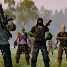 The image shows a group of four players standing back to back, each armed with different weapons. They are surrounded by a horde of zombies, and they appear to be fighting for their lives. The players are dressed in tactical gear and look like they are prepared for battle.