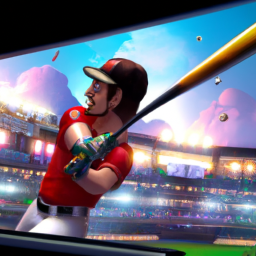 description: an image of a baseball player swinging a bat against a vibrant stadium backdrop, capturing the excitement of mlb the show 23 on nintendo switch.