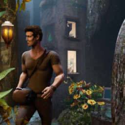 Description: A screenshot from the Uncharted: Legacy of Thieves Collection, featuring the main character Nathan Drake in a stunningly detailed environment on the PS5.