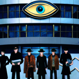 Description: The image shows a group of players dressed in spy gear and holding weapons, standing in front of a futuristic building. The building has the logo of Deceive, Inc on it, and there are security cameras and guards visible in the background.