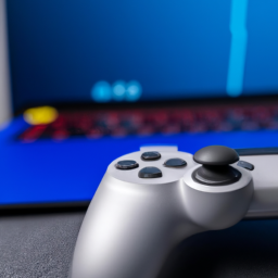 A controller with the PlayStation 5 logo on it, next to a laptop with a game playing on it.