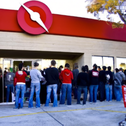 description: an anonymous image showcases a group of excited gamers waiting outside a target store on black friday. they are lined up, eagerly anticipating the opening of the store to take advantage of the playstation 5 deal. the image captures the excitement and anticipation surrounding the event.