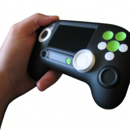 description: an anonymous image shows a handheld gaming device similar to the steam deck. it is held by a person's hand, showcasing its ergonomic design and button layout. the screen displays a gameplay scene from an xbox 360 game, with vibrant graphics and smooth performance.