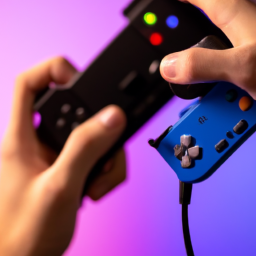 description: an image of a person holding a ps5 controller connected to a playstation 2 console using an 8bitdo device.