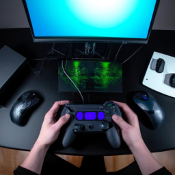 description: an image of a person sitting in front of a gaming setup, with an xbox console and a pc side by side. the person is holding a controller and a mouse, showcasing the seamless connection between xbox and pc gaming.