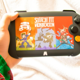 description: a person holding a nintendo switch console with a special design on the back, featuring characters from a popular video game series.