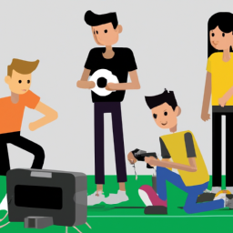 A group of people gathered around a video game console playing a game with a soccer and racing hybrid theme.