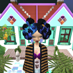 description: an image showing a customized sim with unique clothing and hairstyle, surrounded by a beautifully decorated house.