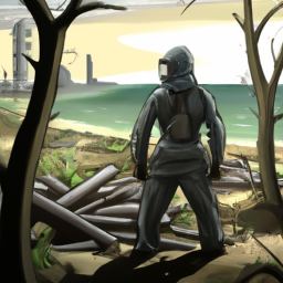 description: an image showing a post-apocalyptic landscape with remnants of destroyed buildings and a lone survivor wearing protective gear.