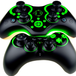 Description: A black matte finish Xbox controller with neon green accents and LED lighting. The controller has four programmable buttons and textured grips. It's modeled after Grogu's hovering pram and provides an immersive gaming experience for adult gamers.