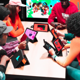 description: an anonymous image shows a group of people gathered around a table with nintendo switch consoles and accessories, eagerly discussing the latest deals and discounts. the image captures the excitement of nintendo switch enthusiasts coming together to share their knowledge and experiences.