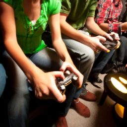 description: an anonymous image showing a group of gamers playing the xbox console together, with intense focus and excitement on their faces.
