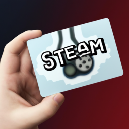 description: an image depicting a person holding a steam gift card with a blurred background of various game covers.