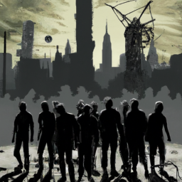 description: an anonymous image showcasing a group of survivors armed with various weapons, standing together in front of a destroyed cityscape overrun by zombies.
