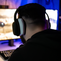a gamer sitting in front of their pc, with a headset on and a controller in hand, playing a game with intense focus.