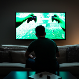 description: an anonymous gamer sitting on a couch, holding an xbox controller, and playing a pc game on a large tv screen. the room is dimly lit, and the gamer is focused on the game, showcasing the immersive experience of playing pc games on xbox.
