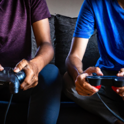 description: an anonymous image depicting two gamers sitting side by side on a couch, each holding a controller and playing fortnite on a ps5 console. they are engaged in an intense battle, focused on their respective screens, with excitement and determination on their faces.