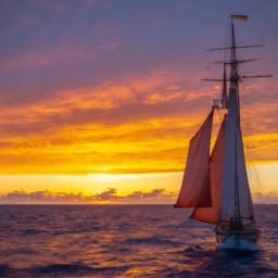 A sailing ship sailing in the open sea, with a vibrant sunset in the background.