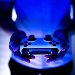 description: an anonymous image featuring a person holding the playstation portal device, with a ps5 console and controller in the background.
