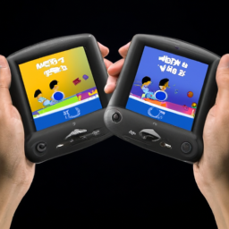 description: a promotional image showcasing a handheld gaming device with a sleek design. the device displays a vibrant screen filled with colorful game graphics. the image also features two individuals, engrossed in gameplay, displaying excitement and enjoyment.