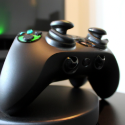 Description: An image of an Xbox One console with a wireless controller placed on top of it. The console is black with a matte finish, and the controller is dark gray with white buttons. The image is taken from a low angle and has a blurred background.