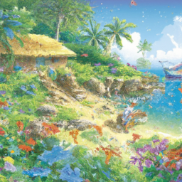 description: an anonymous image featuring a tropical island with palm trees, colorful flowers, and a cozy cottage. the image showcases a character fishing by the shore, while others can be seen gardening and interacting with friendly animal villagers.