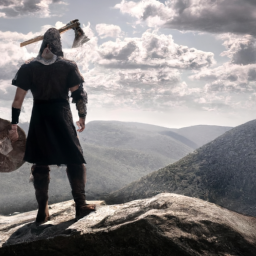 description: an anonymous image showcases a viking warrior standing atop a mountain peak, overlooking a vast and untamed landscape. the warrior is adorned in traditional viking armor, wielding a mighty battle axe, and exudes a sense of determination and resilience.