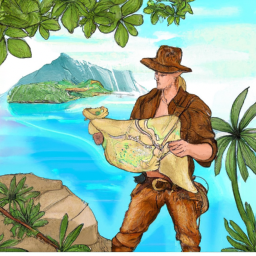 description: an image of a treasure hunter standing on a cliff overlooking a vast ocean. the hunter is wearing a brown leather jacket and holding a map in one hand. in the background, there is a tropical island with lush greenery and a waterfall. the image is meant to evoke the sense of adventure and exploration that is central to the uncharted series.
