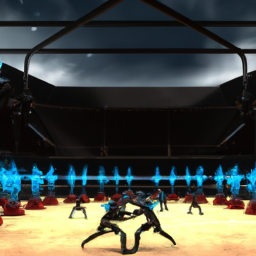 An image of a futuristic arena with a team of futuristic soldiers fighting against each other.