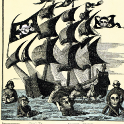 description: an anonymous image featuring a group of pirates sailing on a ship, with the skull and bones logo prominently displayed.