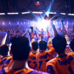 A group of esports players wearing bright colored uniforms standing in the center of a gaming arena with a large crowd cheering them on.